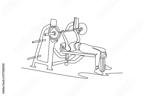 Single one line drawing young woman is performing a barbell bench press on a weight bench, illustrating strength, focus, and intense training. Continuous line draw design graphic vector illustration