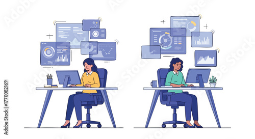 Two women working at desks with multiple computer screens displaying data visualizations and charts.