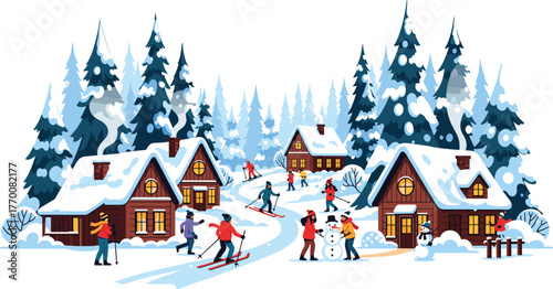 Snowy village winter scene with wooden houses, skiing people, snowman builders, pine trees, chimney smoke, festive outdoor holiday activity.