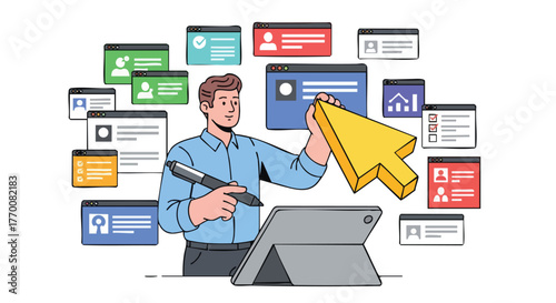 A man using a tablet with a stylus and a large cursor, surrounded by various interface elements.