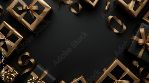 Elegant black friday gift template with gold and black wrapping for holiday promotions. Horizontal banner. Copy space. Free space for text.Top view