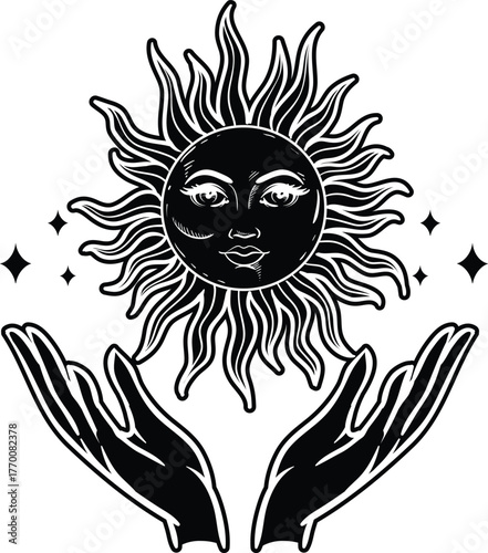 Hands Holding Mystical Sun Face Vector Illustration