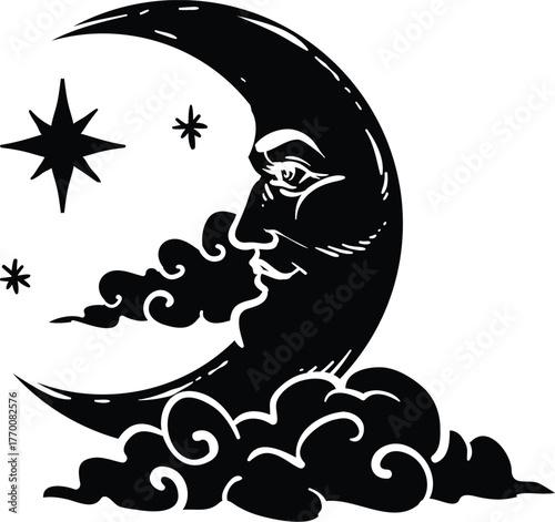 Moon with Face and Clouds Illustration