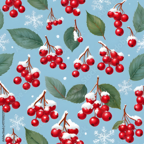 Seamless Winter Pattern with Red Berries, Green Leaves, Snowflakes, and Pine Cones on Blue Background