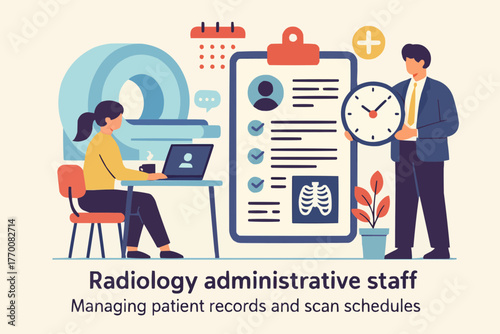 Flat vector of radiology administrative staff managing patient records and scan schedules