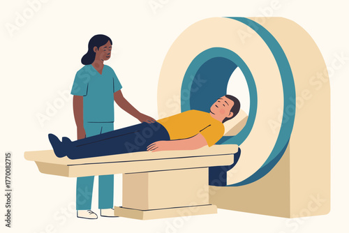 Flat vector of radiology nurse assisting patient during scan procedure in hospital
