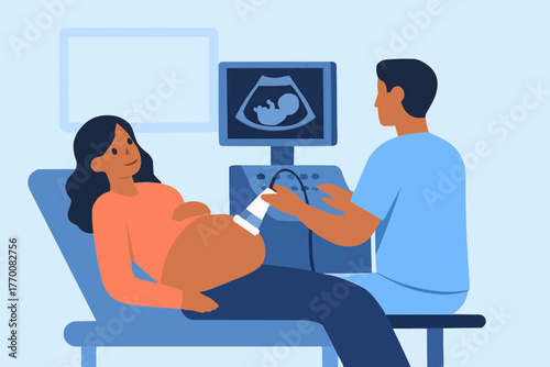 Flat vector of sonographer conducting ultrasound scan with pregnant patient in clinic