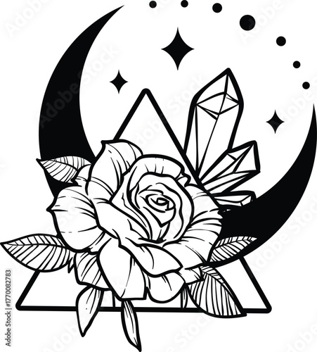Crescent Moon with Rose and Crystal Tattoo Art