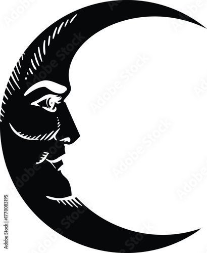 Crescent Moon with Face Vintage Illustration