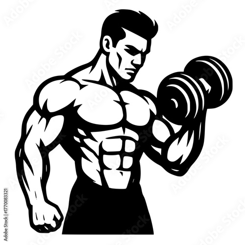 Muscular Man Lifting Dumbbell, Strength and Human Power, Fitness