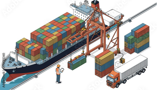 Busy cargo port with container ship, gantry crane, logistics workers, truck loading, global shipping, maritime trade, supply chain infrastructure scene