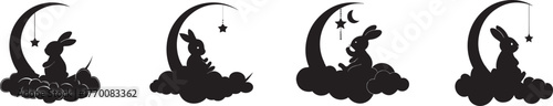 Silhouettes of rabbits sitting on clouds under crescent moons and stars, creating a serene, whimsical scene — vector illustration of bunnies, moon, and clouds on a white background, perfect for bedtim