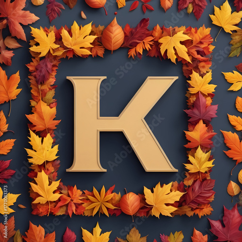 Letter F Formed from Autumn Leaves in Red, Orange, Yellow, and Purple on Dark Background