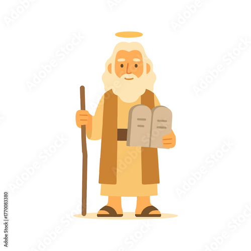 Cartoon Moses with Ten Commandments Tablets and Staff, Biblical Illustration Art