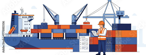 Large cargo ship docked at port with cranes, containers, logistics worker, maritime shipping operations, global trade and supply chain scene