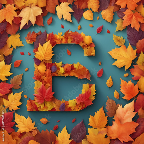 Letter F Formed from Autumn Leaves in Red, Orange, Yellow, and Purple on Dark Background
