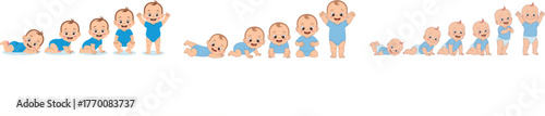 Set of Baby Boy Developmental Stages from Lying Down to Standing Up Growth Process Vector