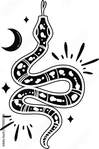 Snake and Crescent Moon Vector Illustration in Mystic Style