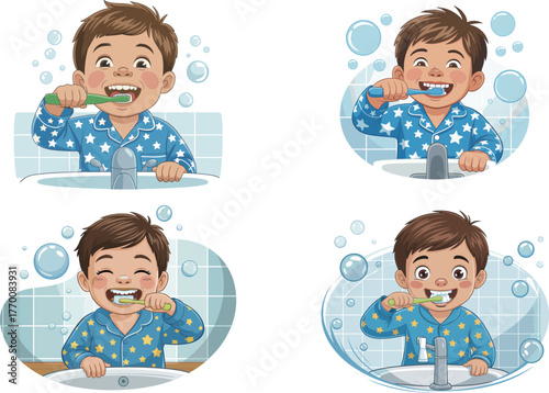 Set of Happy Young Boy Brushing His Teeth in Pajamas as Part of a Daily Hygiene Routine Vector