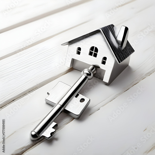 Silver House-Shaped Keychain with Ornate Key on White Wooden Background