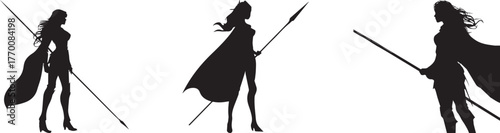 Silhouette of strong female warriors with spears and flowing capes standing in heroic poses, symbolizing strength, courage, and elegance — vector illustration on white background
