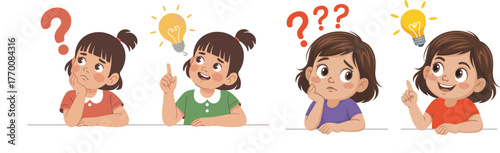 Set of Girls Thinking, Pondering a Question, and Having a Creative Idea or Insight Vector Illustration