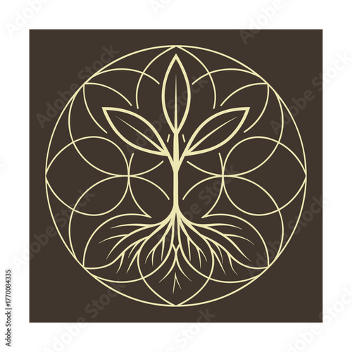 Geometric mandala with plant and root motif in beige on brown pattern symmetry