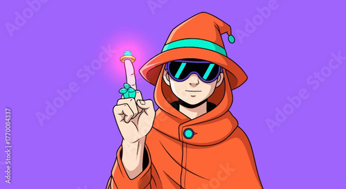 Mystical orange mage with futuristic glasses displaying illuminated finger power