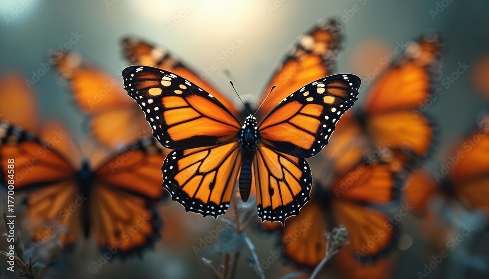 Fototapeta premium Monarch butterflies in close up. Stunning nature photo shows vibrant orange black insect wings. Beautiful butterflies fluttering around. Wonderful pattern of butterfly wings in nature.