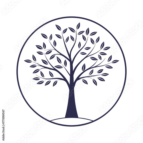 Minimalist dark blue tree silhouette inside a circle on white background Keywords: tree, silhouette, circle, dark blue, minimalist, nature, growth
