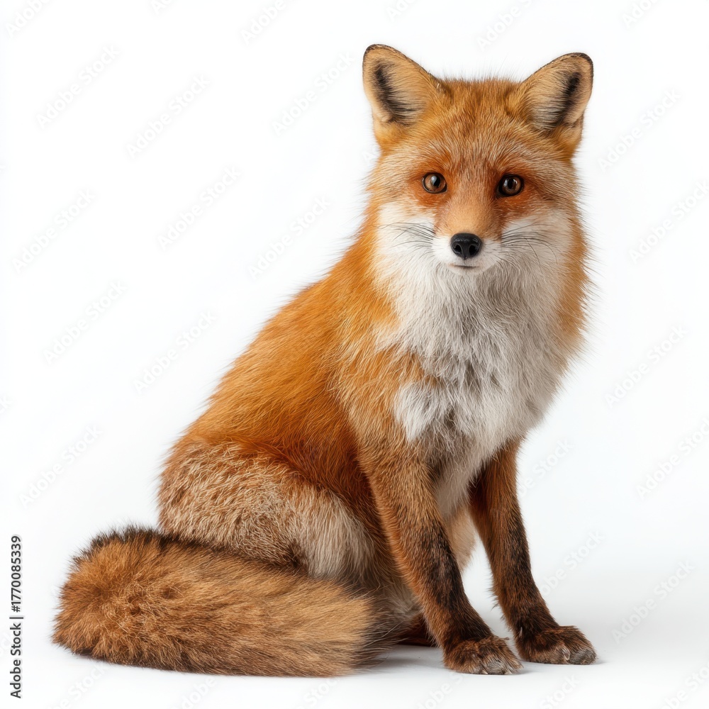 Obraz premium Red fox with lush fur sitting on white background