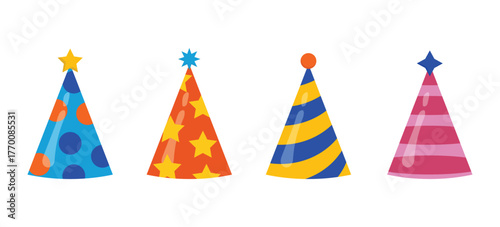 Birthday cone set, party hats in bright colors, vector decorative elements.