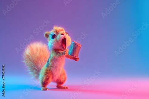 Cute surprised squirrel holding a tin can under bright pink and blue neon lights playful animal studio photography vibrant colors expressive wildlife adorable furry creature