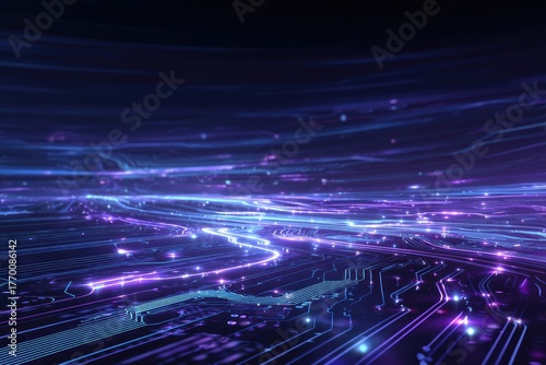Futuristic view depicting a digital circuit board with glowing neon lines