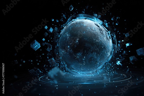 A digital globe with data fragments exploding outward against a dark, techy backdrop