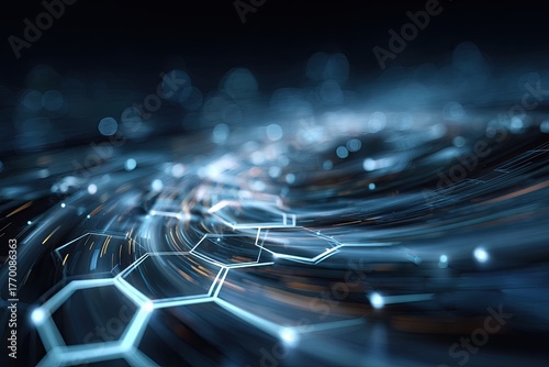 Abstract illustration of interconnected honeycomb structures with flowing light trails
