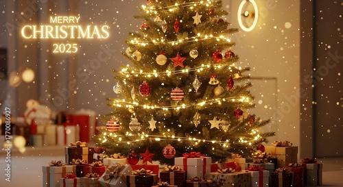 Beautifully decorated christmas tree with gifts and merry christmas 2023 lights