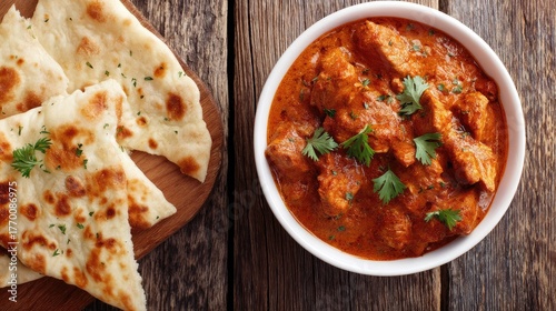 Fototapeta Naklejka Na Ścianę i Meble -  Delicious Indian Curry with Rice and Flatbread on Rustic Wooden Table