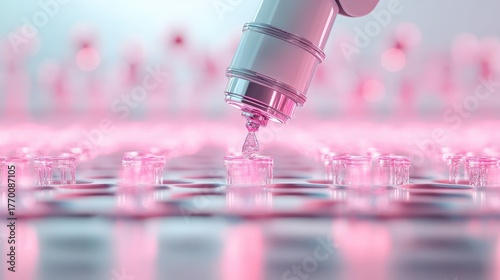 Microfluidic device dispensing liquid into laboratory samples, representing advanced biotechnology research and development.