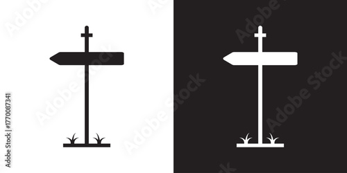 Black iconic road sign silhouette on white and black  background indicating directional choices