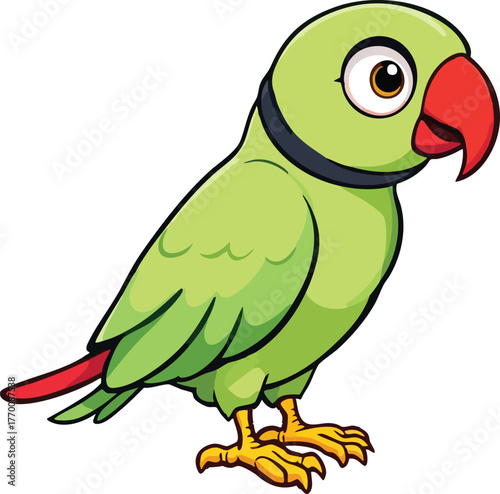 Cartoon green parrot with red beak and tail feathers isolated on white background for playful vector design