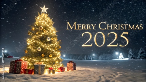 Magical illuminated christmas tree with gifts in snowy landscape and merry christmas 2025 text