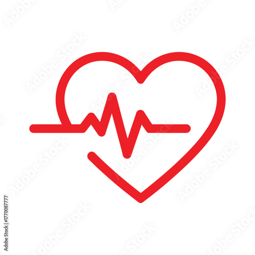 Red heart with pulse line isolated on white background, symbol of cardiology and healthy lifestyle concept.