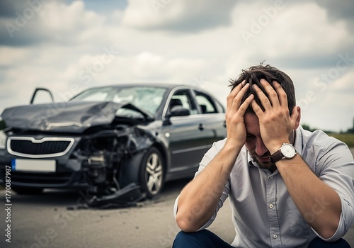 Distressed man holding his head after a major car accident, with his severely damaged black car in the background