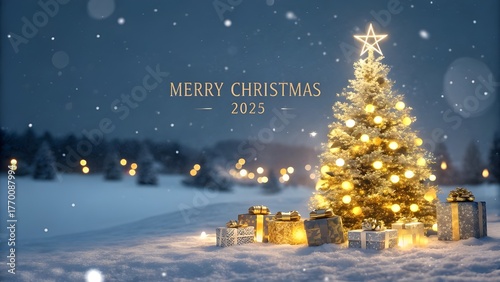 Magical christmas tree with gifts in snowy landscape at night