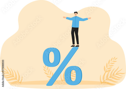 Risky interest rate slow down or investment crisis, risk of economic recession, unstable financial or banking debt problem concept, businessman balance on percentage stack concept
