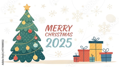 Festive christmas tree with presents and merry christmas 2025 greeting