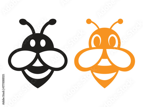 Two cartoon bees in black and orange isolated on white background, representing nature, insects, and design elements.