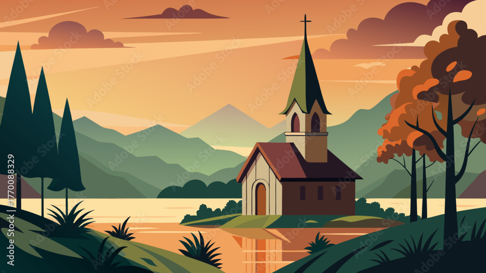 Naklejka premium Church building on a mountain landscape