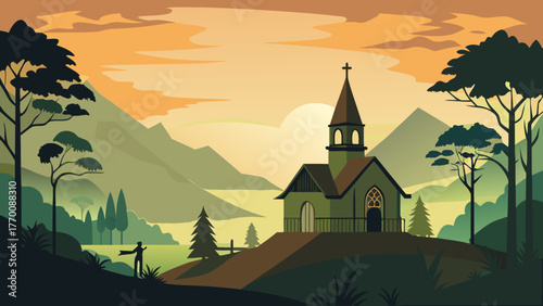 Serene mountain landscape with a quaint church at sunset and a lone figure